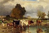 Constant Troyon Canvas Paintings - Vaches at veau a la marne